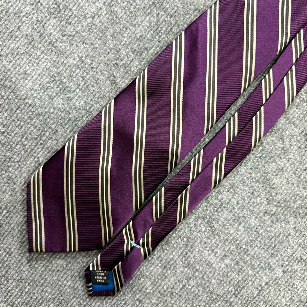 Bugatti Mens Silk Tie Designer Purple Cream Striped Pattern Necktie
